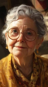 Elderly woman with glasses is rendered in warm daylight