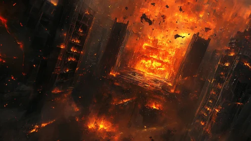 Urban megastructures collapse in infernal firestorm.