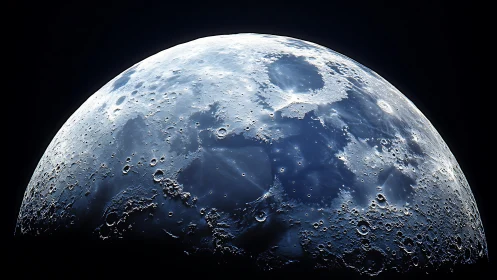 Lunar surface close-up with illuminated craters and maria.