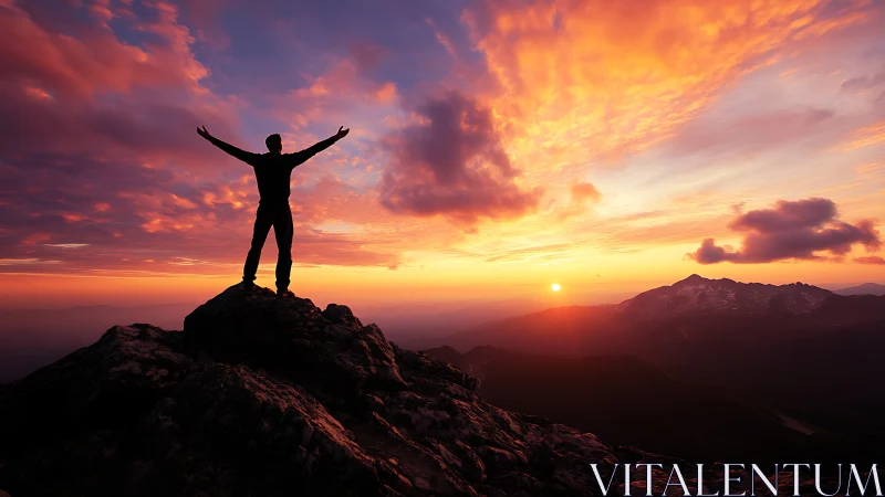 Silhouetted hiker on rocky summit under high-saturation sunset sky