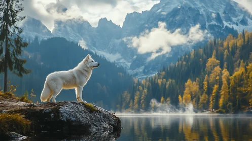 White dog stands on lakeside rock before autumn mountains.