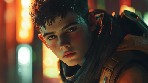 Teen boy portrait in neon-lit urban sci-fi environment
