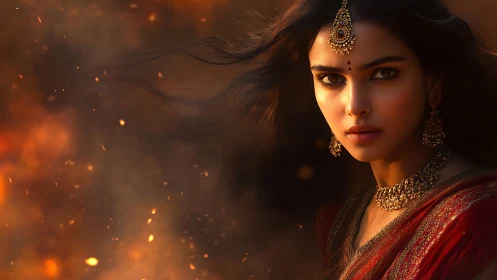 Firelit gaze crowns the jeweled warrior in drifting embers