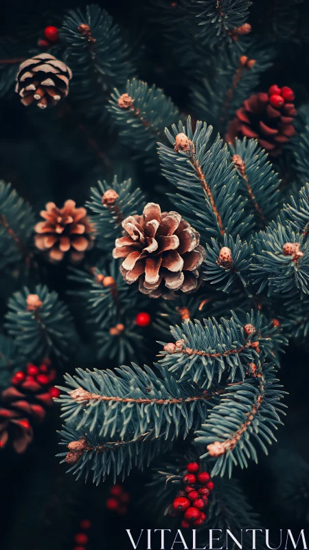 Frosted pinecones and berries punctuate dense evergreen boughs