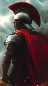 Roman warrior stands in stormlight wrapped in crimson glory
