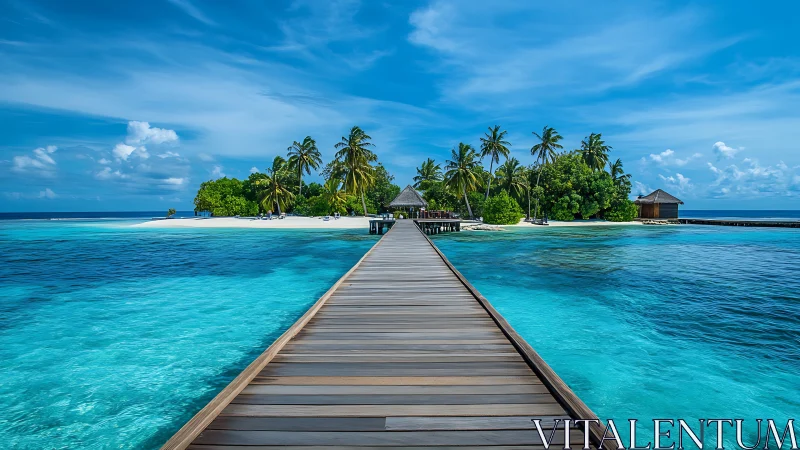 Wooden Boardwalk Extending to Tropical Island Resort.
