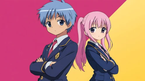 Serious anime students in uniforms on bold split background.
