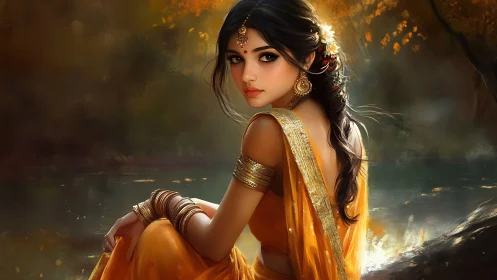 Luminous digital portrait of woman in saffron sari by river.