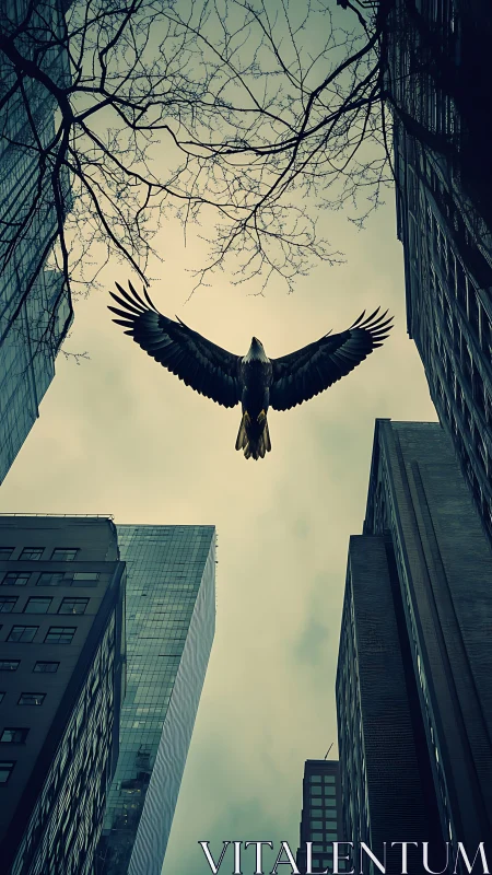 Raptor in flight above urban high rise canyon at dusk.