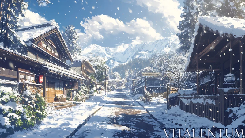 Snow covered mountain village street with wooden houses.