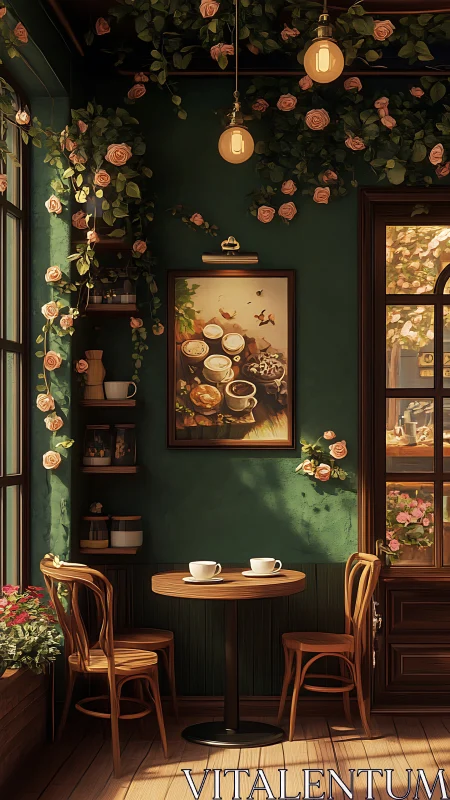 Romantic sunlit café corner with roses and warm wood tones.