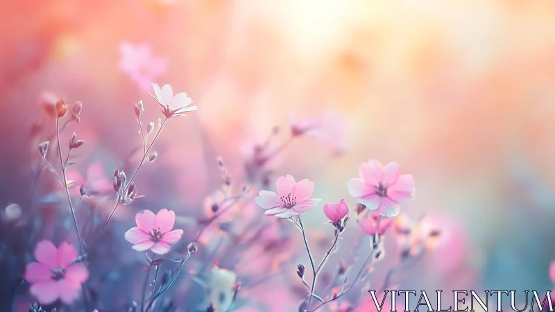 Delicate blooms drift through pastel dreamscapes with ethereal grace