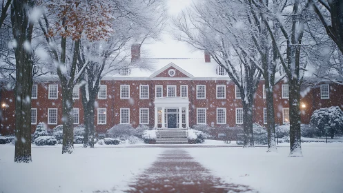 Snowy red-brick campus walkway toward a welcoming hall.