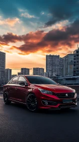 Crimson city sedan beneath vivid high-rise sunset sky.