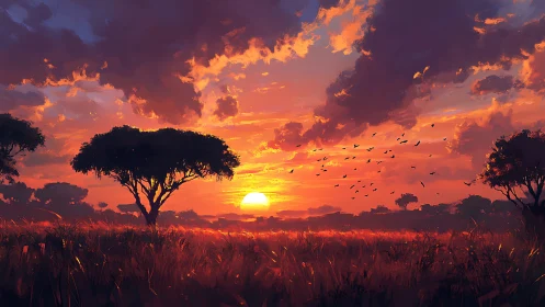 Fiery savanna sunset bathes acacia trees in glowing light