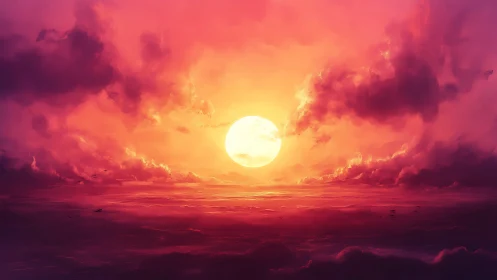 Vivid digital sunset over clouds with glowing central sun.