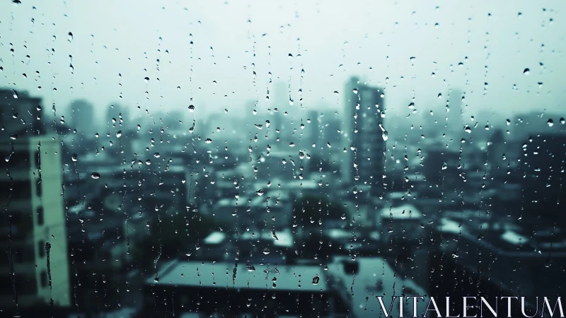 Raindrops on a window blur a distant, moody city skyline