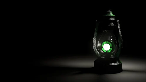 3D-rendered metal lantern with central green light source