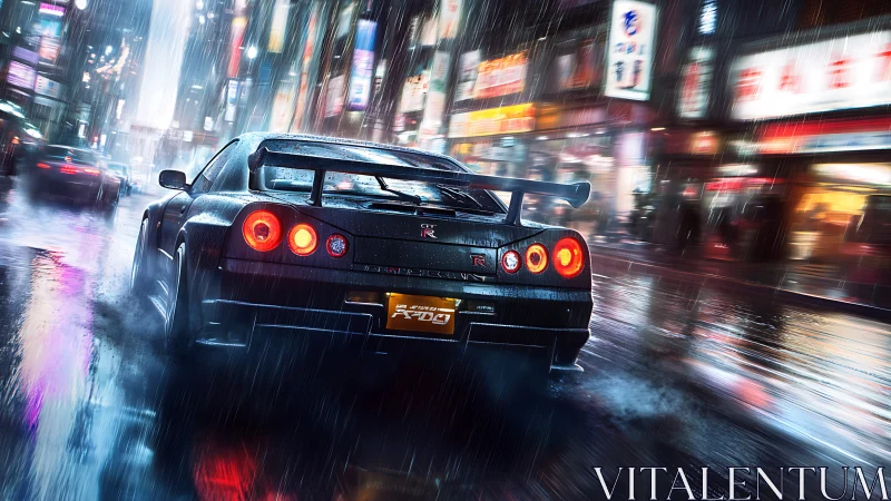 Cyberpunk street racer in rain-soaked neon urban corridor.