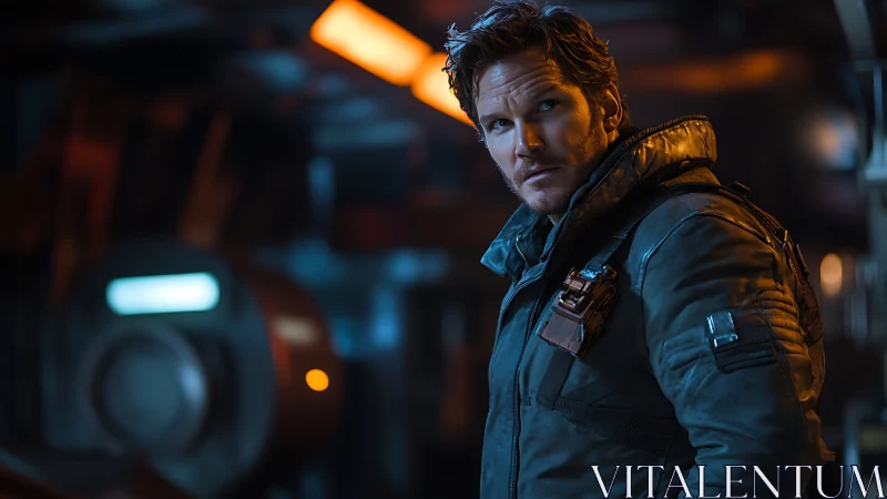 Male figure in padded jacket within dim sci fi interior.
