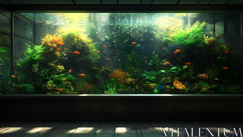 Large public aquarium tank uses volumetric light and dense flora