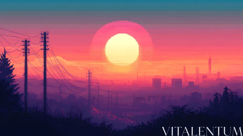 Neon city sunset glows behind silhouetted power lines