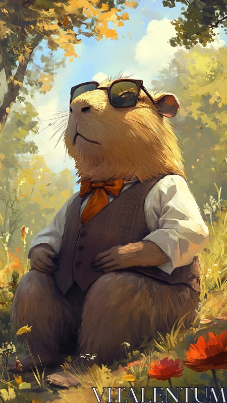 Dapper capybara in vest and sunglasses under sunlight.