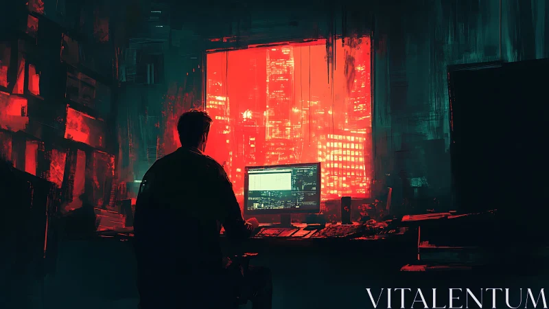 Lone coder watches neon cityscape through blazing window.