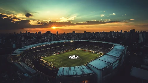 Panoramic sunset aerial of illuminated urban football stadium