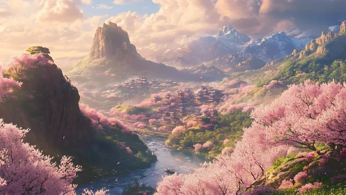 Mountain valley landscape shows temples among cherry trees