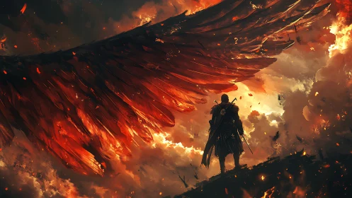 Winged warrior stands beneath burning angelic inferno.