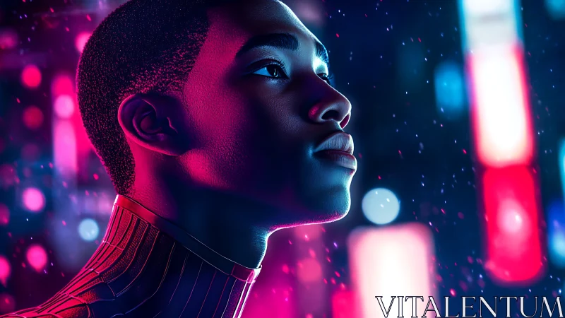 Young dreamer glowing in neon city night lights.