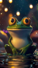 Green frog with large eyes in shallow water at night.