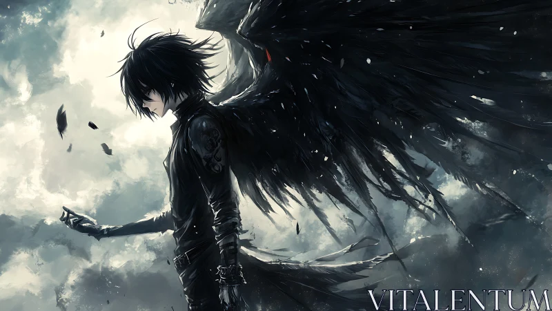 Dark-winged anime figure cuts silhouette against storm-lit clouds