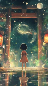 Anime night shrine scene with girl and spirit fish portal.