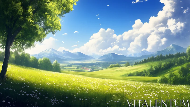 Sunlit mountain valley stretches beyond blooming meadow