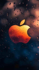 Glowing apple logo shining softly through rainy night.