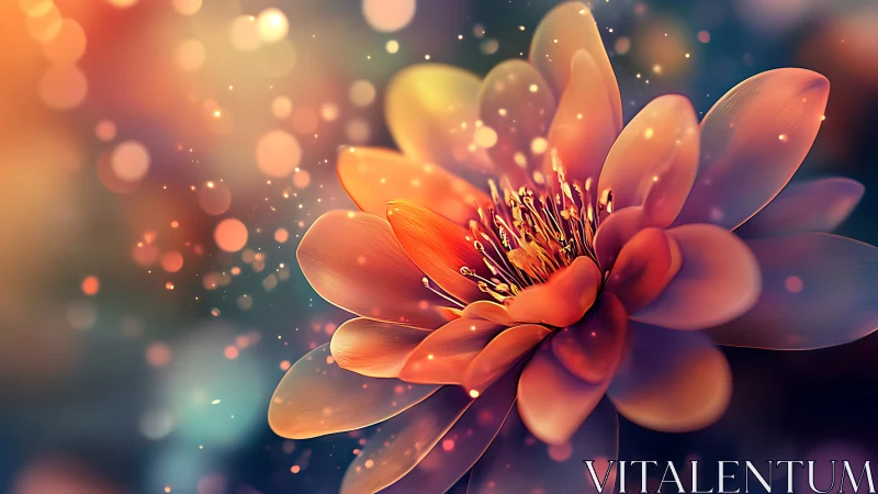 Luminous bloom with bokeh particles and warm amber tones.