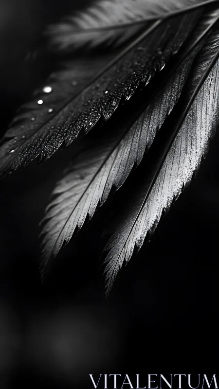 Monochrome closeup of wet serrated leaves in shadow.