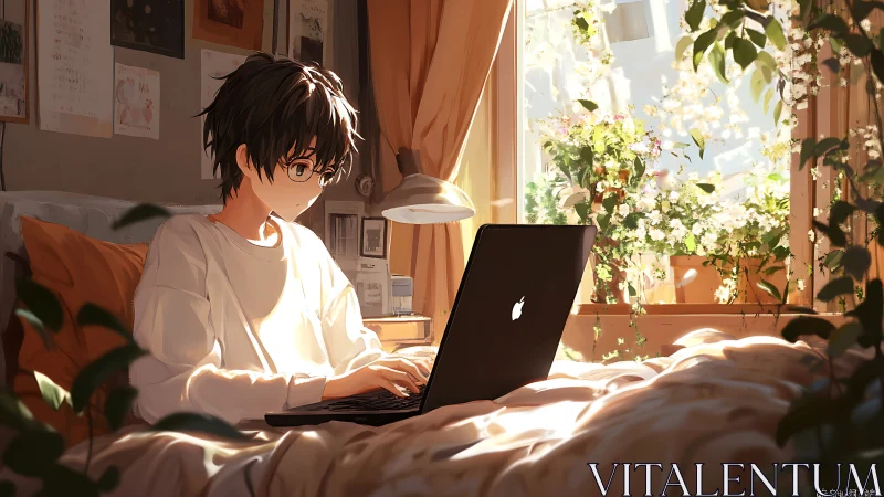 Backlit anime student types on laptop in sunlit plant-filled bedroom