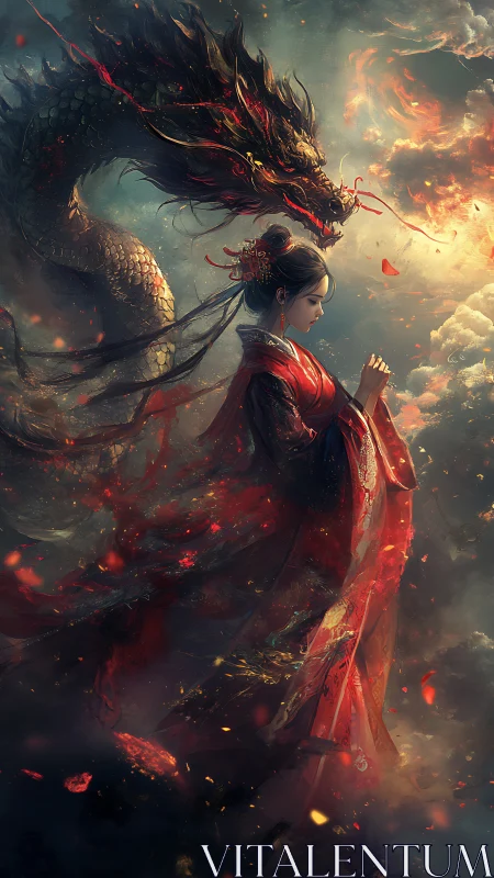 Woman in red robe with dragon among clouds and embers.
