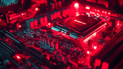 Neon-lit motherboard orchestra hums in crimson circuit glow