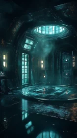 Cryogenic docking bay with teal volumetric lighting and mist.