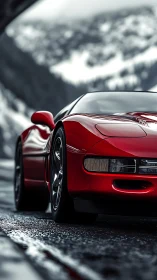 Red sports coupe cuts through wet alpine mountain pass.