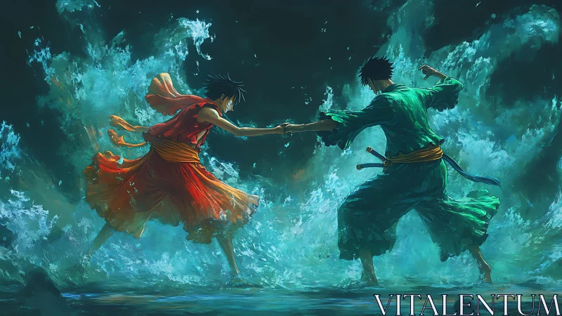 Two anime warriors clash amid stormy turquoise ocean waves