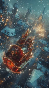 Festive aerial sleigh gliding above snowy steampunk cityscape.
