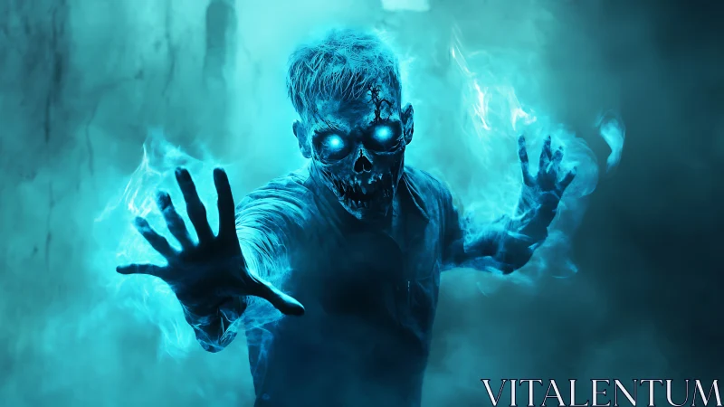 Glowing blue undead figure lunging through spectral smoke.