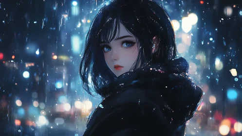 Blue eyed girl in neon rain drenched night street portrait.