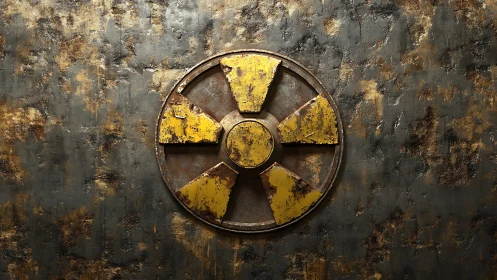Rusty radioactive hazard symbol on corroded metal wall.