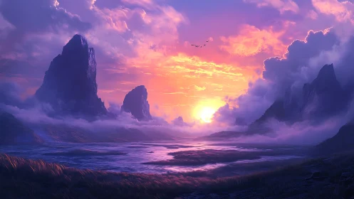 Sunset over misty mountains and reflective tidal flats.